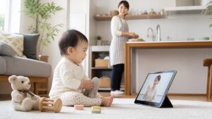 家事のそばで赤ちゃんが英語の先生の声にふれる明るい家庭の英語環境