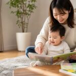 明るいリビングで赤ちゃんと英語絵本を楽しむ日本人の母親