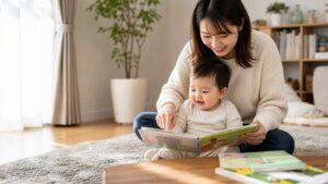 明るいリビングで赤ちゃんと英語絵本を楽しむ日本人の母親