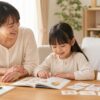 年長の子どもが小学校準備をしながら母親と英語絵本を見る明るい家庭の場面