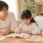 年長の子どもが小学校準備をしながら母親と英語絵本を見る明るい家庭の場面