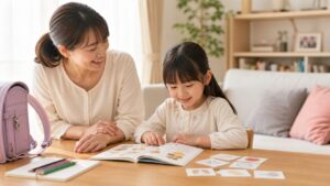 年長の子どもが小学校準備をしながら母親と英語絵本を見る明るい家庭の場面