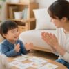 年少の子どもが母親と英語の歌に合わせて手をたたく明るい家庭の場面