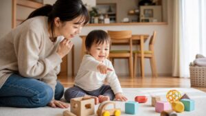 1歳の子どもが指さしをしながら親と楽しく言葉を交わす家庭の場面
