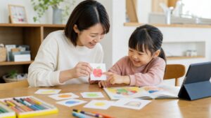 幼児と母親が手作りカードと絵本で楽しく英語にふれる家庭の場面