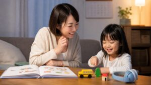 幼児が英語レッスン後に母親と家で絵本やおもちゃを使って復習する場面