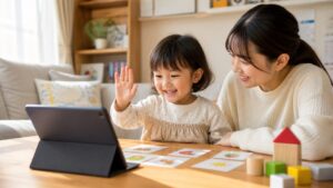 幼児が家庭でオンライン英語レッスンを楽しみ母親がそばで見守る明るい場面