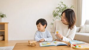 オンライン英会話を少し嫌がる幼児に母親がやさしく寄り添う明るい家庭の場面