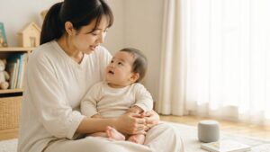 0歳の赤ちゃんが親のやさしい声を聞きながら英語の音にふれる場面