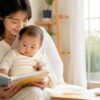 朝の短い時間に赤ちゃんと絵本を見ながら英語にふれる親子