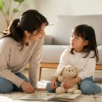 イーオンキッズを嫌がる幼児に母親が家庭でやさしく英語の入口を作っている場面