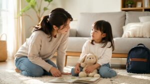 イーオンキッズを嫌がる幼児に母親が家庭でやさしく英語の入口を作っている場面