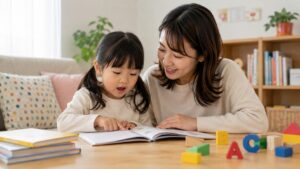 Bob Booksのようなフォニックス絵本を幼児と母親が声に出して読んでいる場面