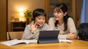 ECCジュニアに通う小学生が家庭でタブレットを使って英語を声に出す練習をする場面