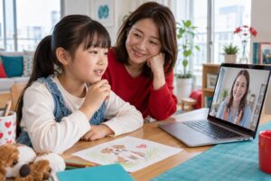 母親が見守る中で小学生の子どもが画面の先生に短い言葉を伝えようとするイメージ