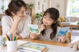 英語の活動カードを前に、子どもの気持ちを聞く母親のイメージ