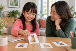 母親がそばで話を聞き、小学生の子どもが絵カードを一枚選んでいるイメージ