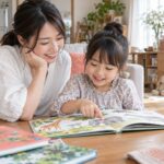 親子で絵本を選び、小学生の子どもが好きな絵を指さす家庭学習のイメージ