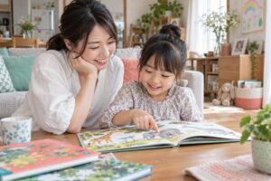 親子で絵本を選び、小学生の子どもが好きな絵を指さす家庭学習のイメージ
