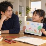 小学生が描いた絵を父親に見せながら短い会話を楽しむイメージ