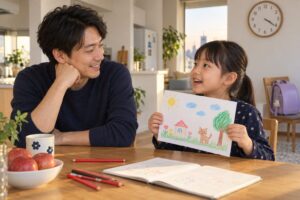 小学生が描いた絵を父親に見せながら短い会話を楽しむイメージ