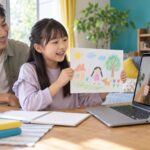 小学生が自分の描いた絵をオンラインの先生に見せるイメージ