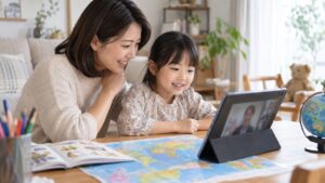 海外留学の代わりに家庭で英語環境を作る小学生親子の写真