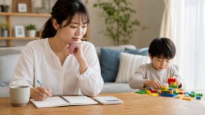 ゲーム英語塾の月額を考えながら家庭で作れる英語時間を母親が整理している場面