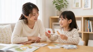 インター幼稚園に通う子どもが母親と日本語と英語のカードで楽しく言葉にふれる場面