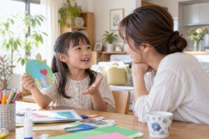 小学生が作った工作を母親に見せて楽しそうに説明するイメージ