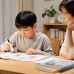 公文英語に取り組む小学生が母親と家庭で会話練習の場面を考えている写真
