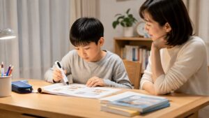 公文英語に取り組む小学生が母親と家庭で会話練習の場面を考えている写真
