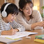 Lepton式の自立学習に取り組む小学生が母親とオンライン会話の出口を作っている写真