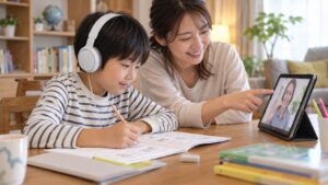 Lepton式の自立学習に取り組む小学生が母親とオンライン会話の出口を作っている写真