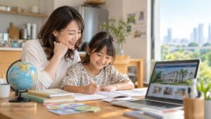 マレーシア教育移住を考える前に家庭で英語準備をする親子の写真