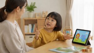 ミライコイングリッシュ後に幼児が母親と英語を声に出して使う場面