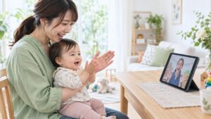 赤ちゃんを膝に抱き、画面の先生と手拍子をする母親のイメージ（AI生成）