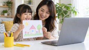 描いた絵をオンライン英会話で紹介する準備をする親子のイメージ（AI生成）