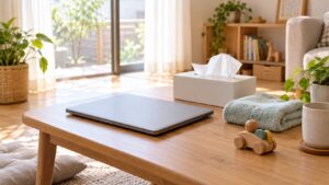 レッスンを休む時間を表す、閉じたパソコンとタオルのイメージ（AI生成）
