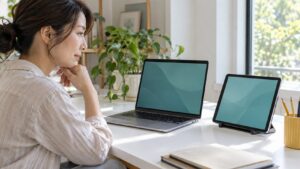 タブレットとノートパソコンの置き方を考える親子のイメージ（AI生成）