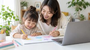 パソコンのそばで母親とお絵描きを楽しむ子どものイメージ（AI生成）