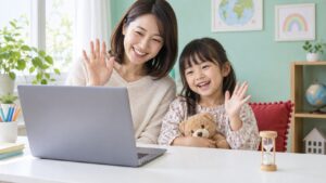 レッスンの終わりに親子でパソコンへ手を振るイメージ（AI生成）