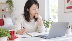 パソコンと予定表を見ながらレッスンの予定を考える母親のイメージ（AI生成）