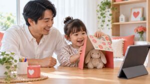 保護者と子どもが卓上のぬいぐるみを使って遊ぶ提案例のイメージ（AI生成）