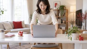 子どもと使うノートパソコンを机に置く母親のイメージ（AI生成）