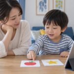 親子が絵カードを見ながらオンライン学習を相談するイメージ（AI生成）