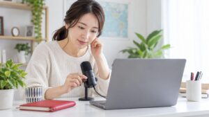 オンライン英会話の前に音声機器を確認する母親のイメージ（AI生成）