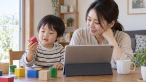 母親の隣で画面ではなく手元の積み木を見る子どものイメージ（AI生成）