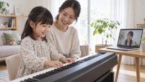 母親が付き添い子どもがピアノをオンラインの相手に披露するイメージ（AI生成）