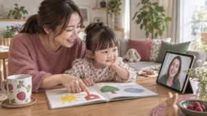 母親と絵本を開きオンラインの先生と話す幼児のイメージ（AI生成）